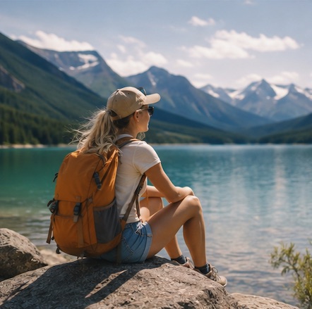 A hiker resting beside a quiet mountain lake