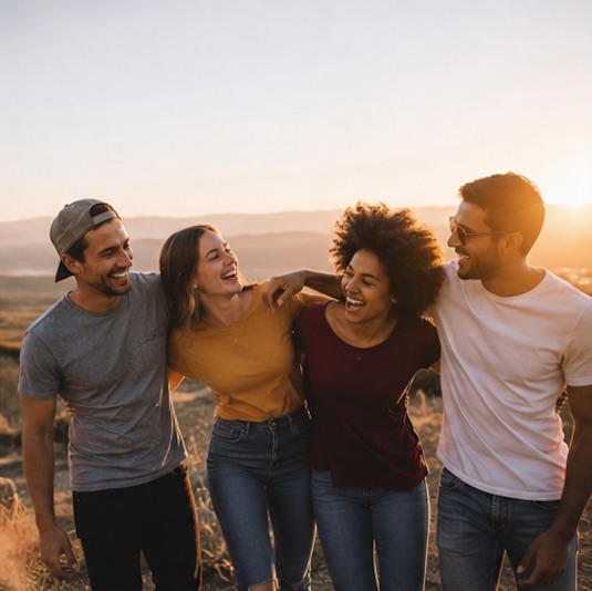 Four friends laughing together outdoors at sunset