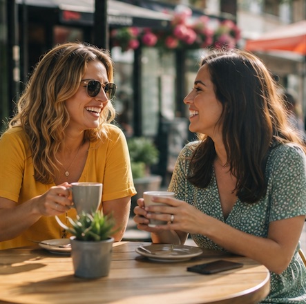 Two friends talking at a café with a phone set aside on the table