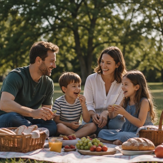 A family laughing together during a picnic in the park