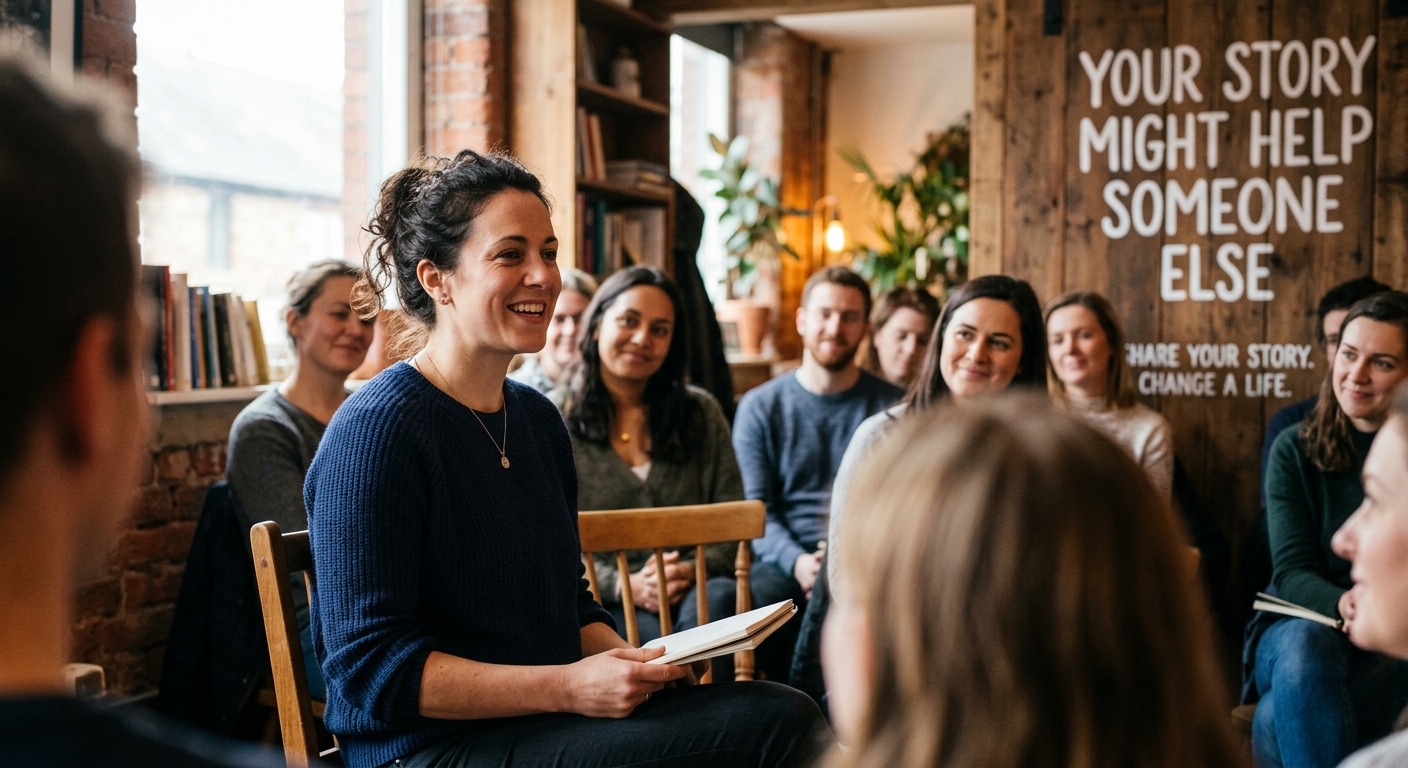 A community gathering where one person shares her story with the group