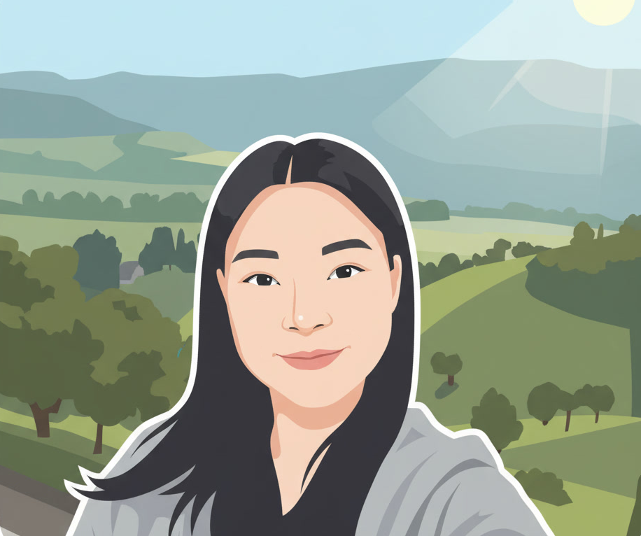 Illustrated self-portrait, standing before rolling green hills
