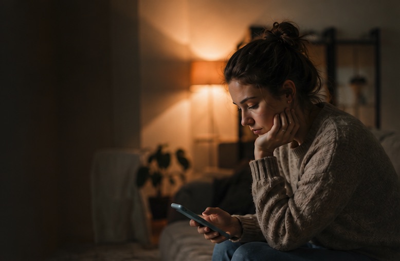 A woman feeling tired while scrolling on her phone at home